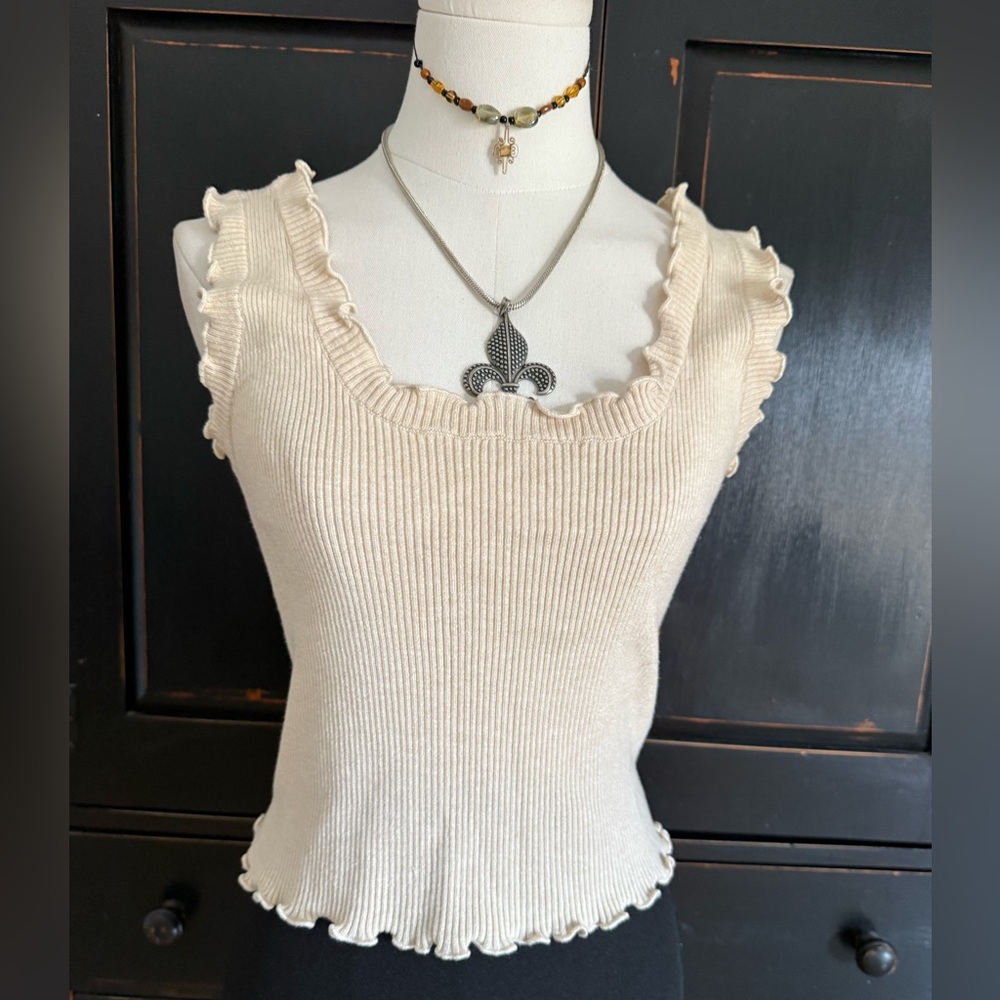Cotton Emporium Ribbed Lettuce-Edge Top in Cream